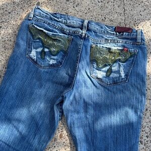 Blue 2 Jeans Women’s embroidered, distressed flare jeans